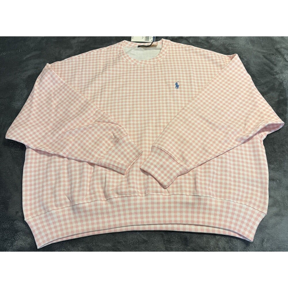 LARGE Polo Ralph Lauren Gingham Fleece Sweatshirt Pink White - Picture 8 of 13